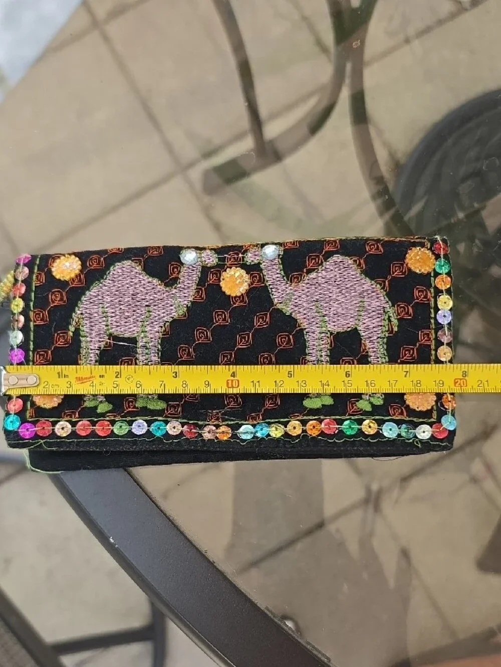 Embroidered Black Wristlet Wallet with Lavender Camel Motif